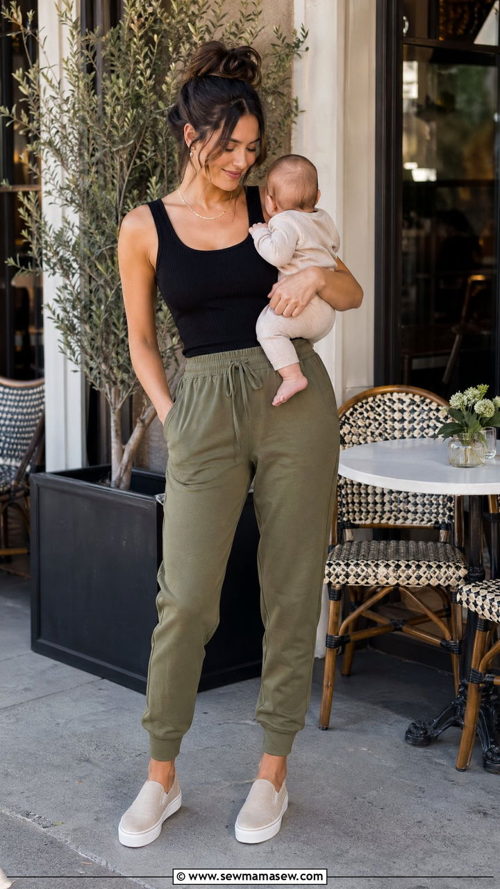 High Waisted Joggers and Fitted Tank Top Outfit - 35 casual outfits for new moms