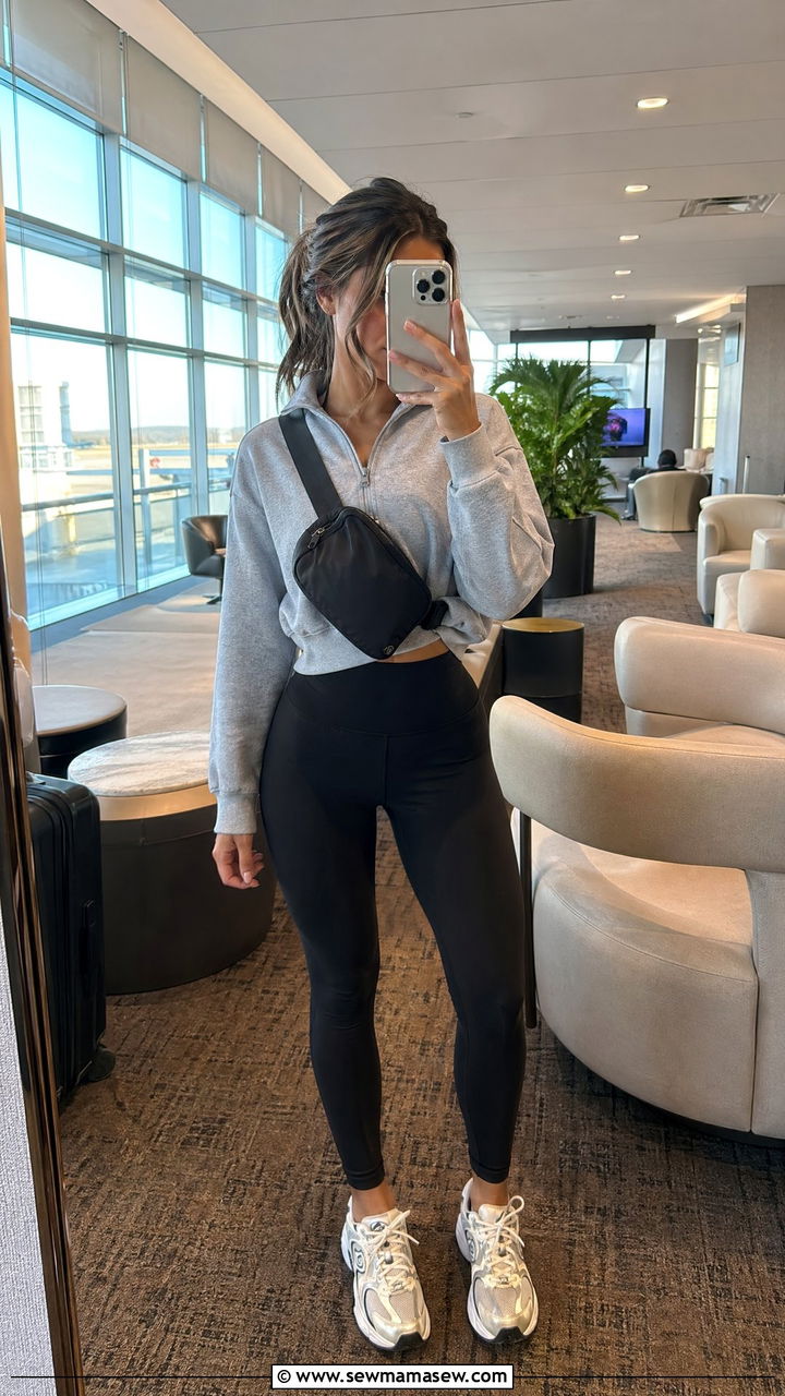 High Waisted Leggings with Half Zip Pullover - 35 Comfy airport outfit ideas