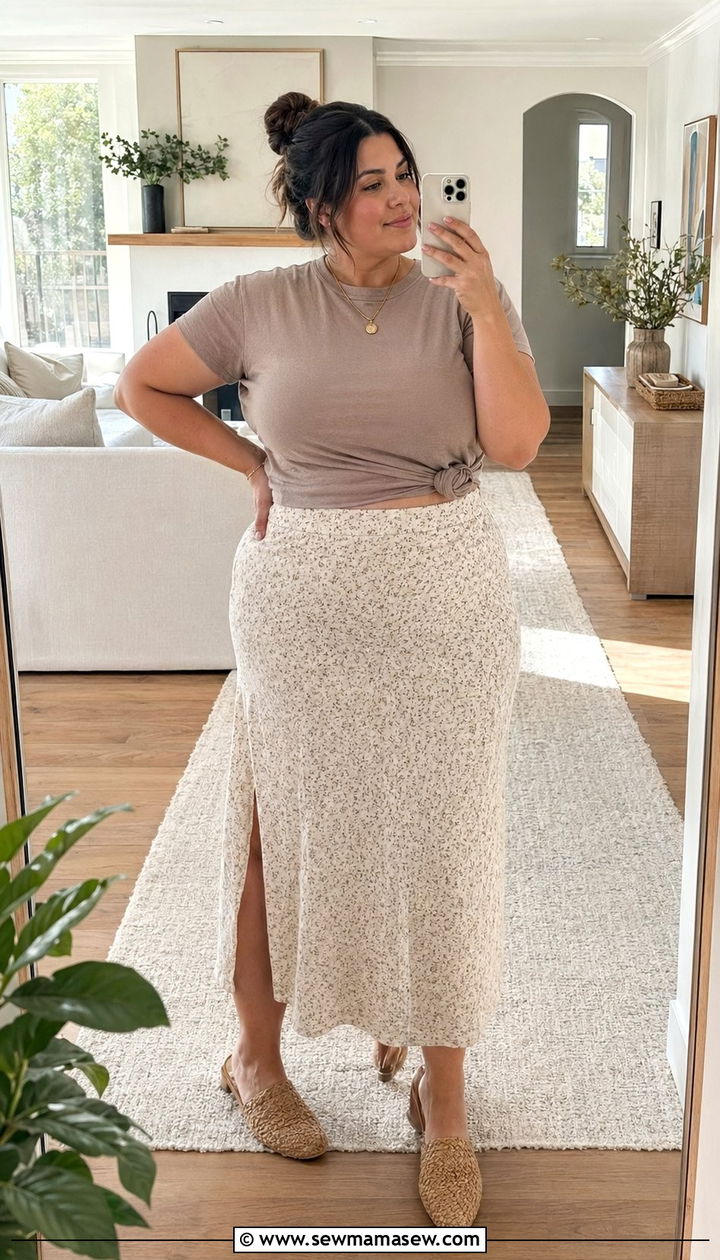 High Waisted Midi Skirt With A Knotted Tee - 35 Postpartum outfit ideas plus size