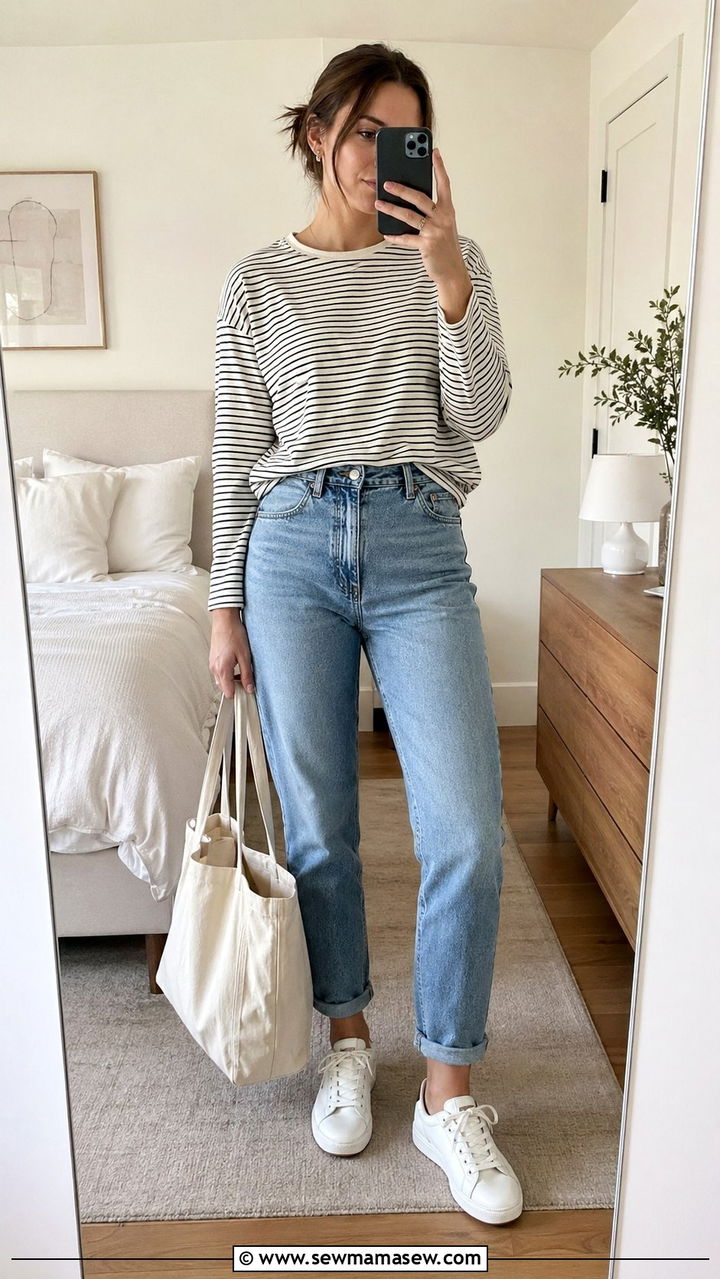 High Waisted Mom Jeans With A Striped Tee And White Sneakers - 35 Mom style outfit ideas