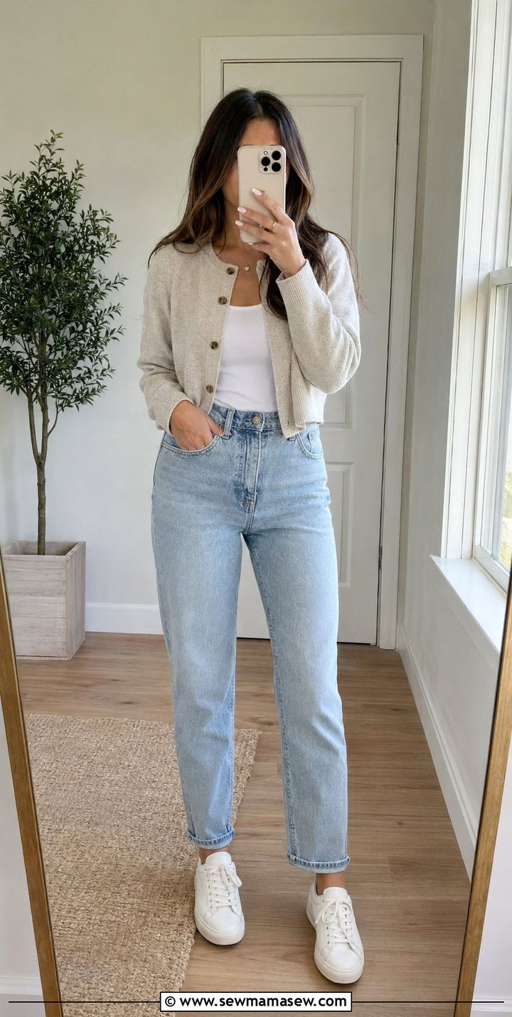 High Waisted Mom Jeans and Cropped Cardigan - 30 90s outfit ideas 2026