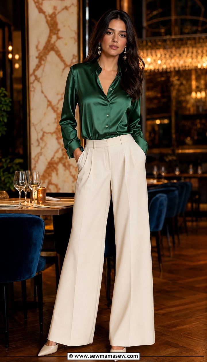 High Waisted Palazzo Pants With Tucked In Silk Blouse - 35 palazzo pants outfit ideas for women