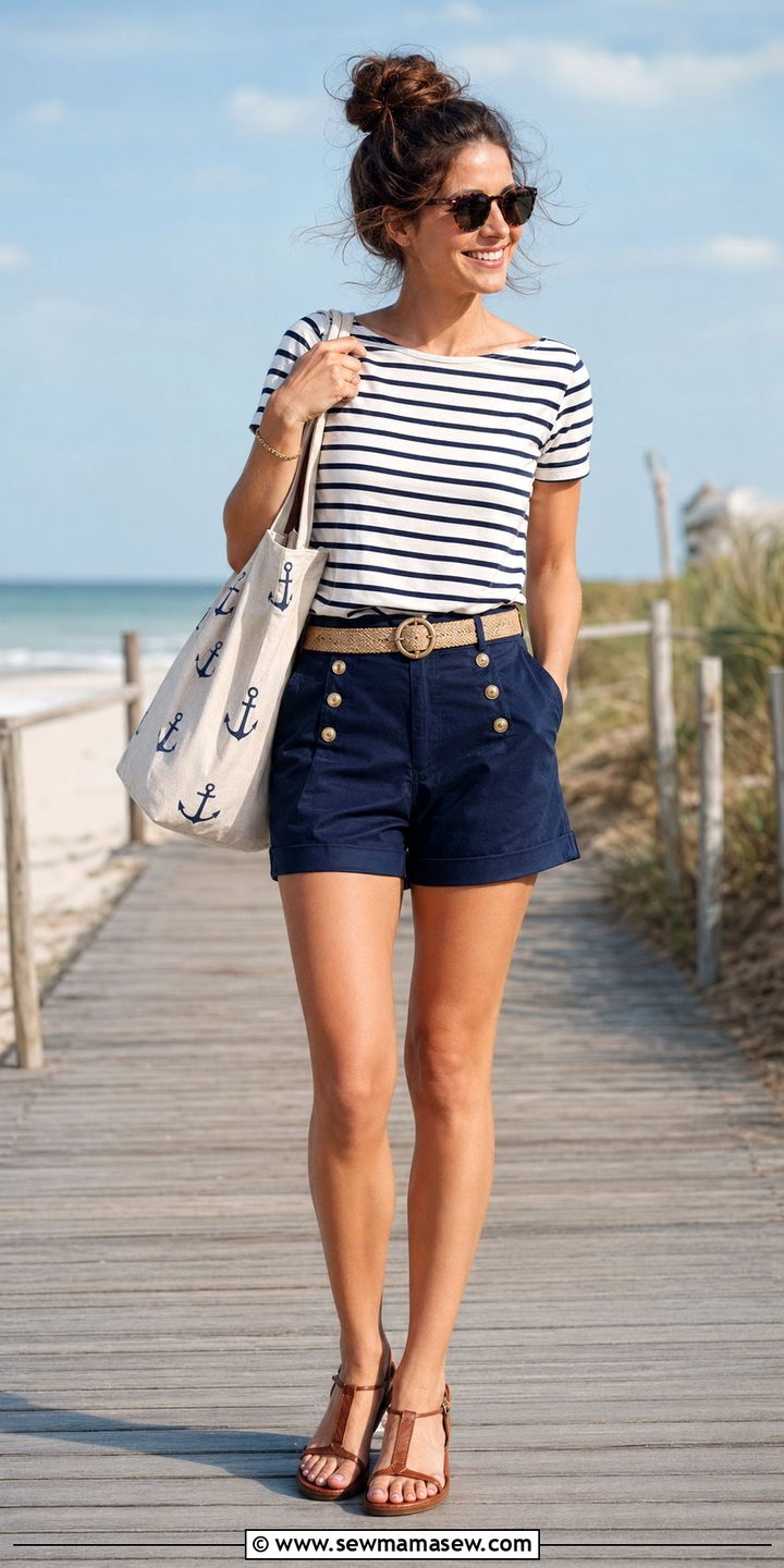 High Waisted Sailor Shorts with Breton Tee - 35 Nautical outfit ideas