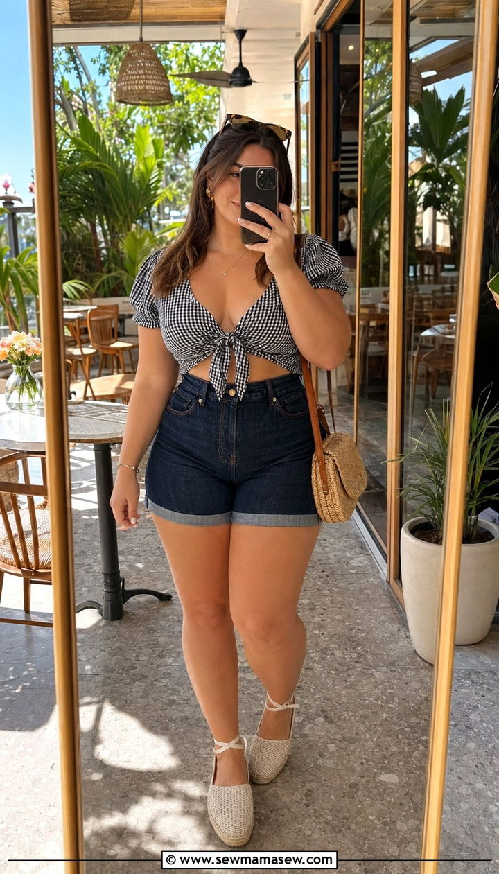 High Waisted Shorts With Tie Front Blouse - 35 Plus size outfit ideas size 24 summer