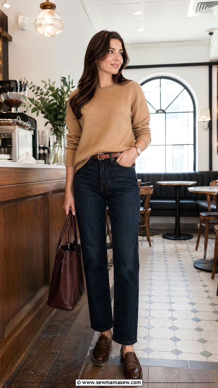 High Waisted Straight Leg Jeans With Cashmere Sweater And Loafers - 35 classy jeans outfits