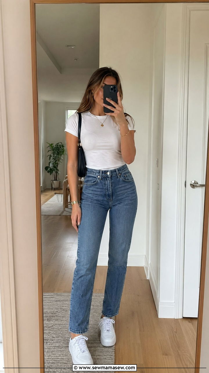 High Waisted Straight Leg Jeans with Fitted White Tee and Sneakers - 35 college outfits ideas