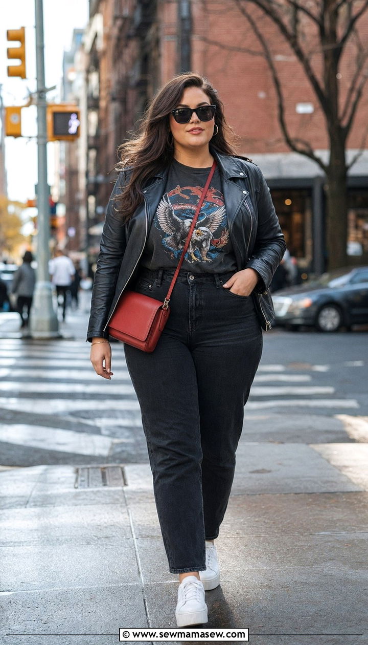 High Waisted Straight Leg Jeans with Graphic Tee and Leather Jacket - 35 outfit ideas for plus size women