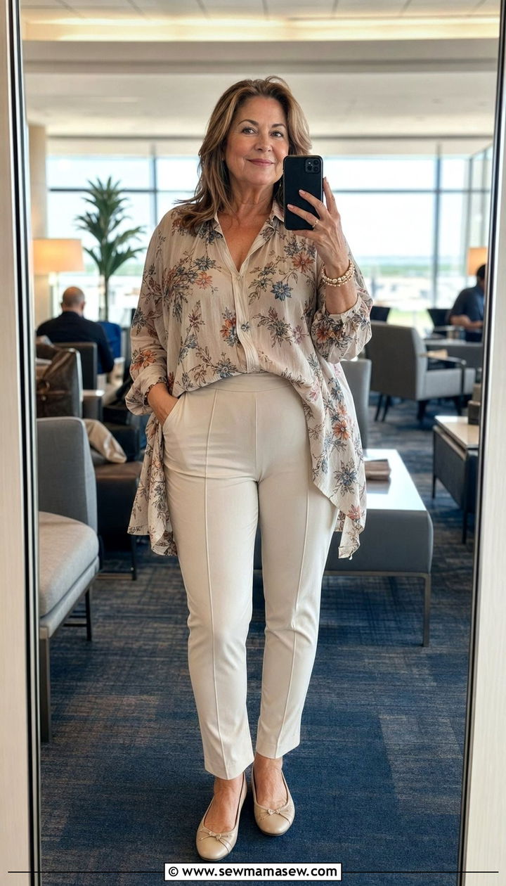 High Waisted Stretch Pants With Tunic Blouse - 35 Plus size outfits for women over 50