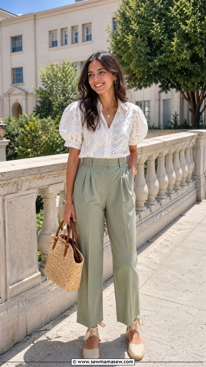 High Waisted Trousers With Broderie Blouse and Espadrilles - 35 college outfits 2026