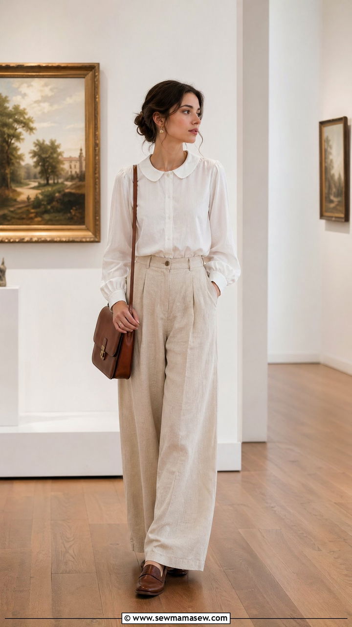 High Waisted Trousers With Button Up Blouse - 35 cottagecore outfits for women