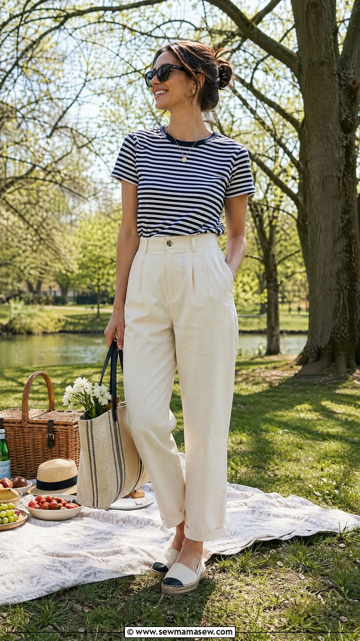 High Waisted Trousers with Striped Tee - 35 What to wear for a spring picnic