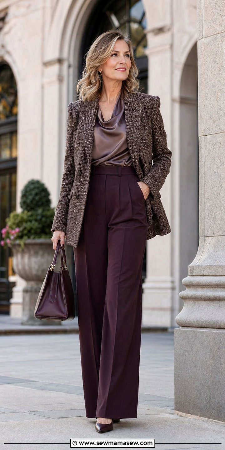 High Waisted Wide Leg Dress Pants With Blazer and Satin Blouse - 30 wide leg pants outfits for women over 40