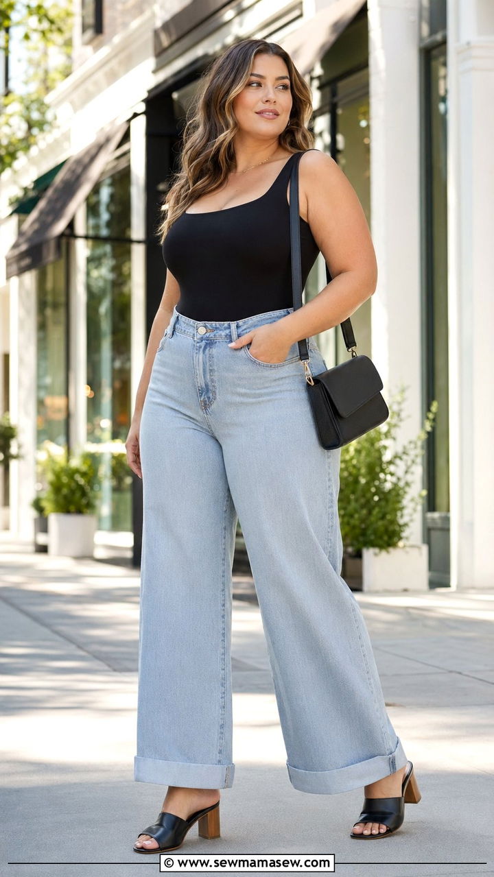 High Waisted Wide Leg Jeans With Bodysuit - 35 Plus size outfit ideas size 24 summer