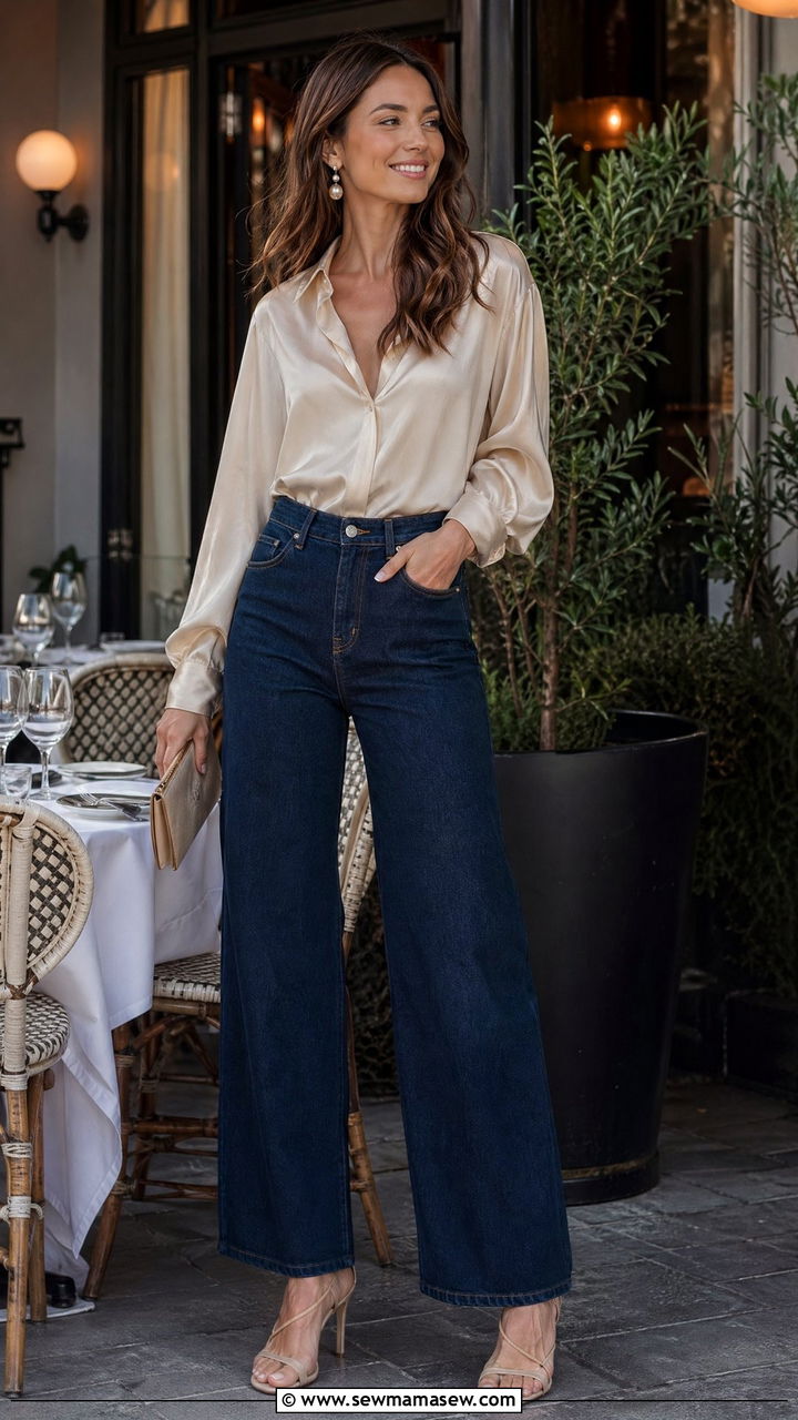 High Waisted Wide Leg Jeans With Silk Blouse And Heeled Sandals - 35 classy jeans outfits