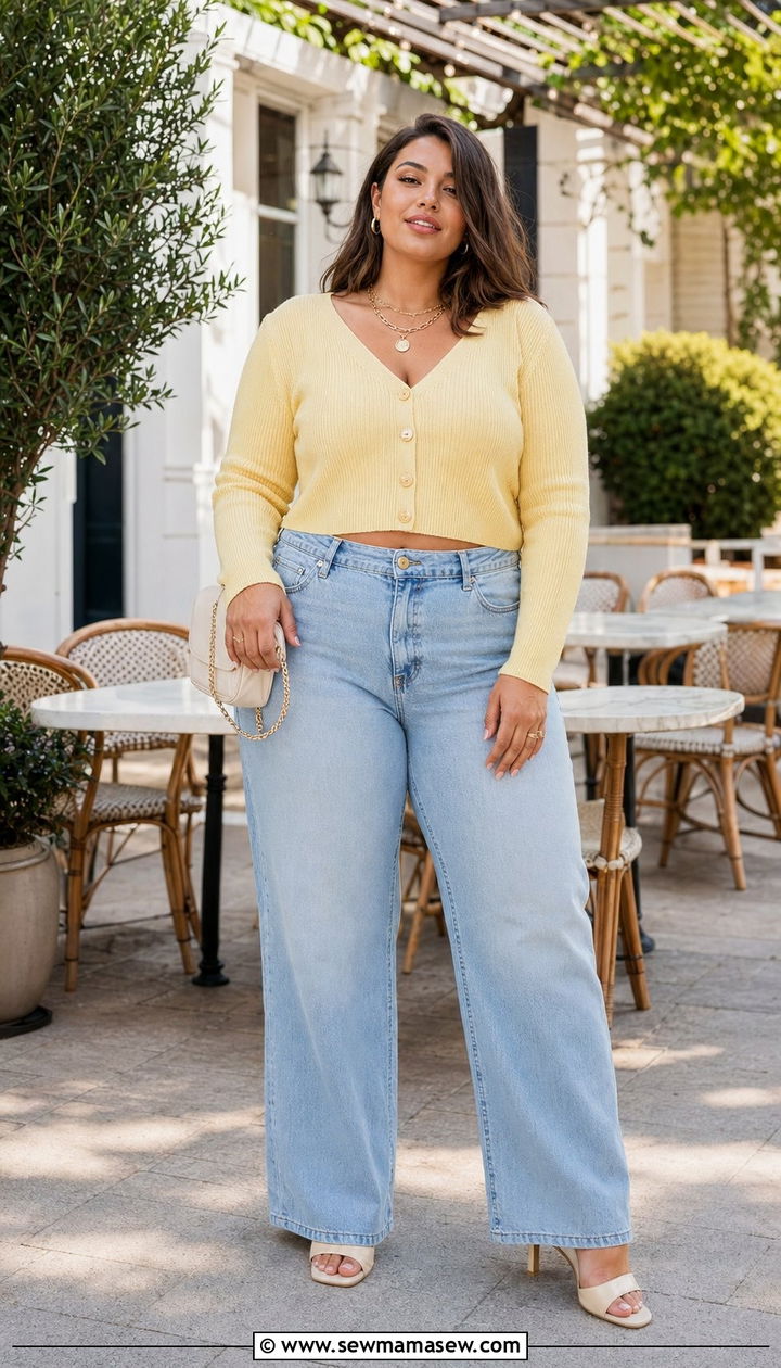 High Waisted Wide Leg Jeans with Cropped Cardigan and Mules - 35 outfit ideas for plus size women
