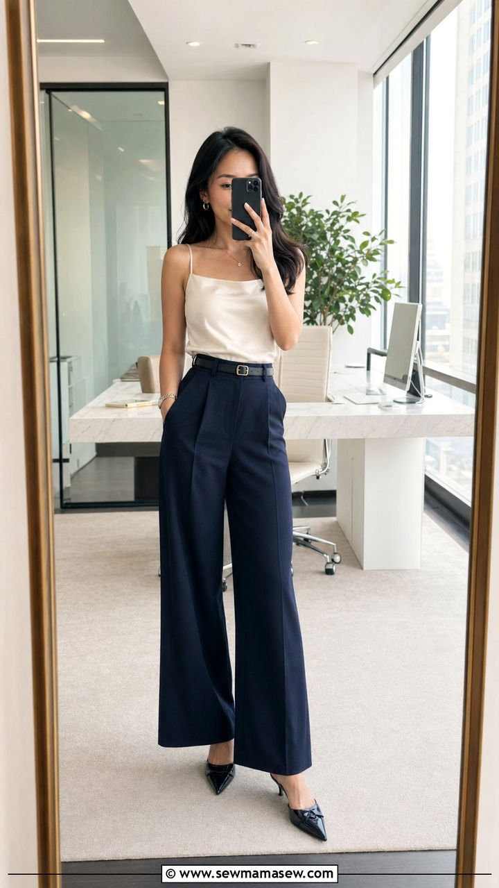 High Waisted Wide Leg Trousers With Fitted Blouse - 30 Work outfits for petite women