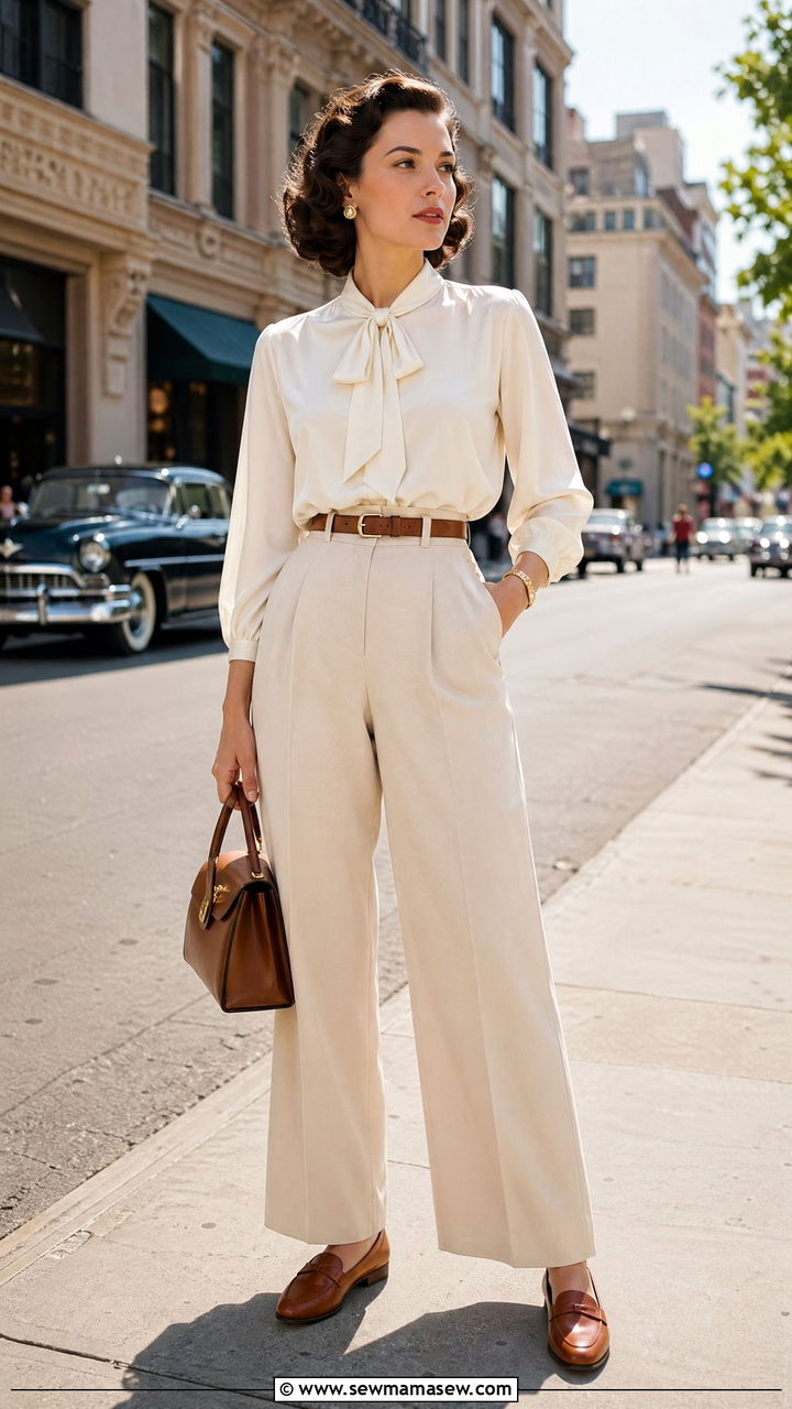 High Waisted Wide Leg Trousers with Blouse - 35 Vintage 50s outfit ideas