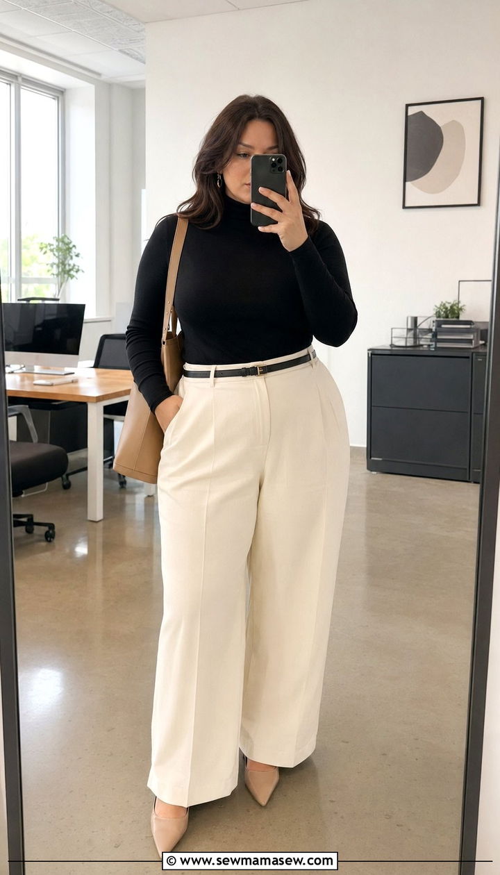 High Waisted Wide Leg Trousers with Fitted Turtleneck - 30 Work outfits for curvy women