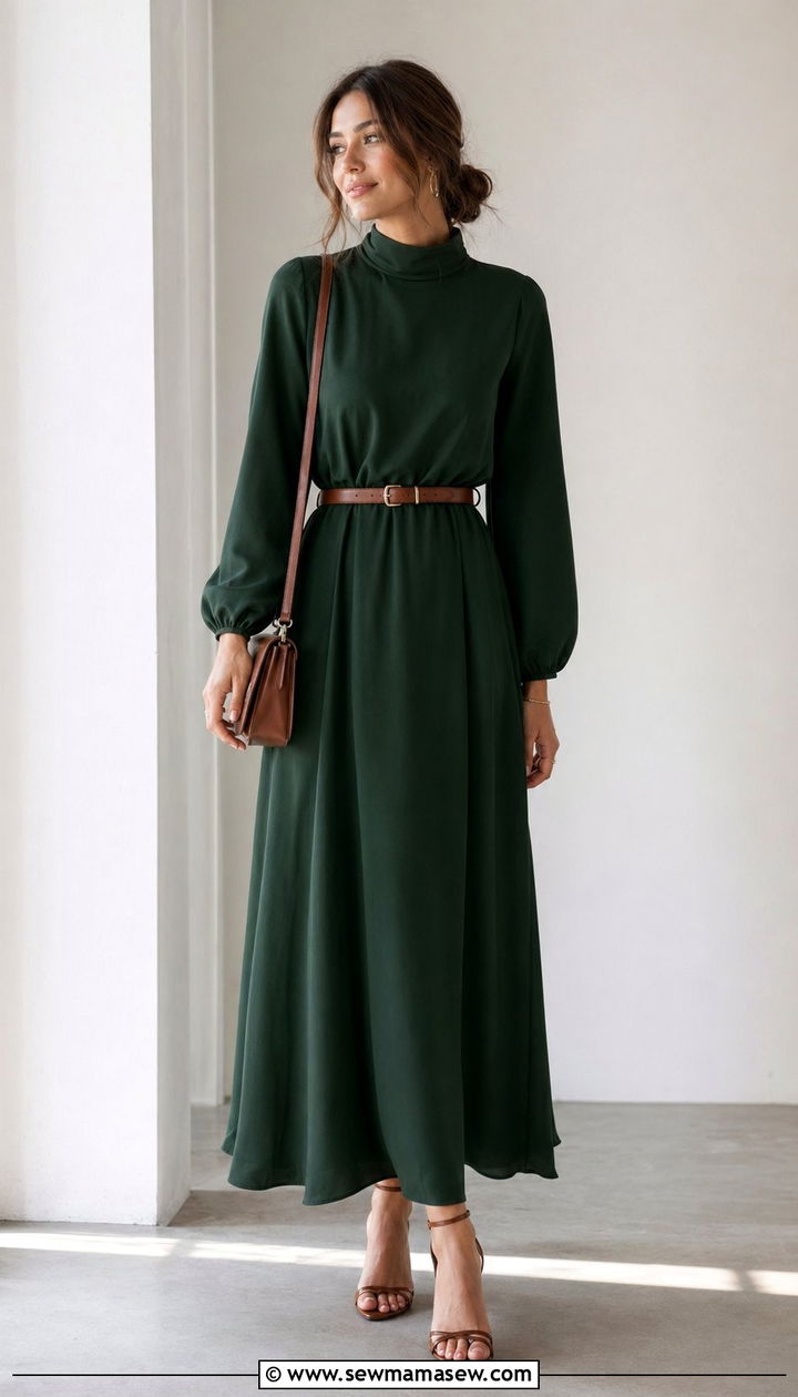High neck maxi dress with leather belt and heeled sandals - 35 Modest outfit ideas for office