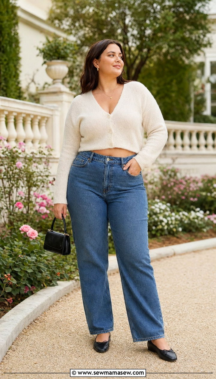 High rise 90s straight leg jeans with a cropped cardigan and ballet flats - 30 Best jeans for plus size