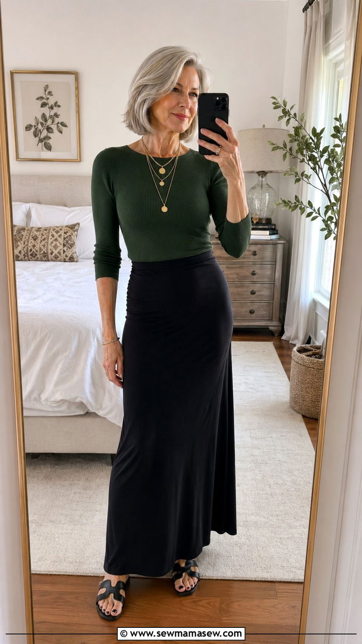 High waist maxi skirt with a fitted knit top - 30 Best skirts for women over 60