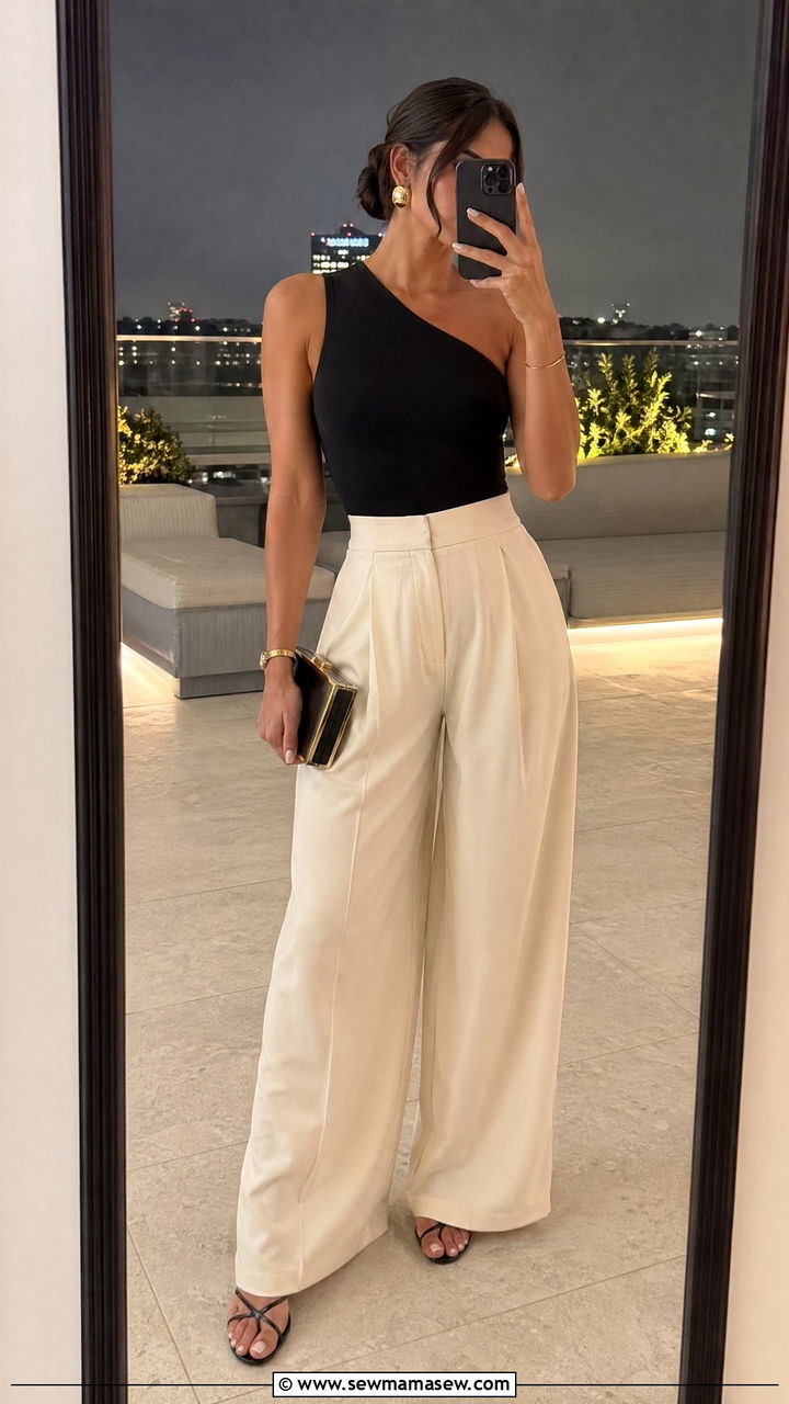 High waist palazzo pants with a one shoulder top - 35 classy hot weather outfits