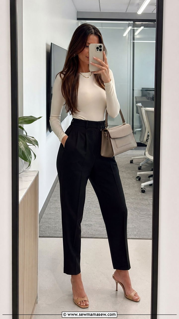 High waist trousers with a fitted bodysuit and heeled mules - 35 Consultant outfit ideas