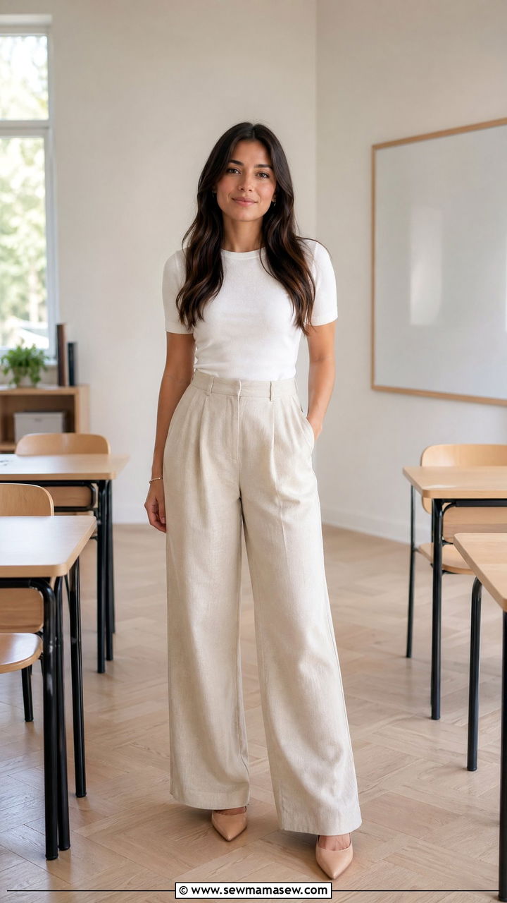 High waisted beige trousers with fitted white top - 35 Teacher outfits for spring