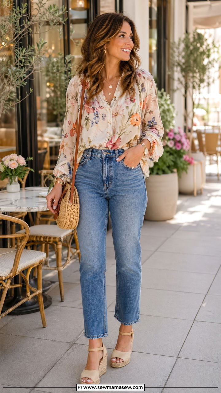 High waisted jeans and floral blouse - 35 Spring outfits for working moms
