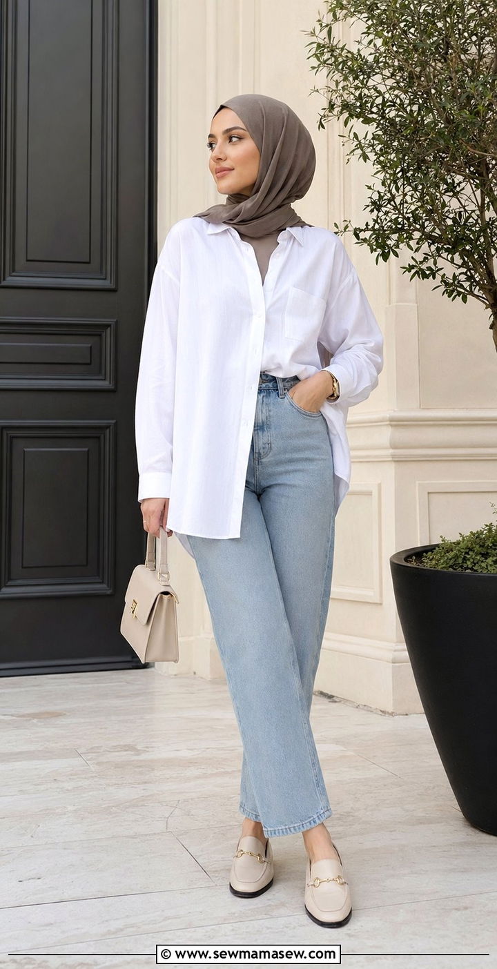 High waisted jeans and oversized shirt hijab outfit - 35 Modest outfit ideas with hijab
