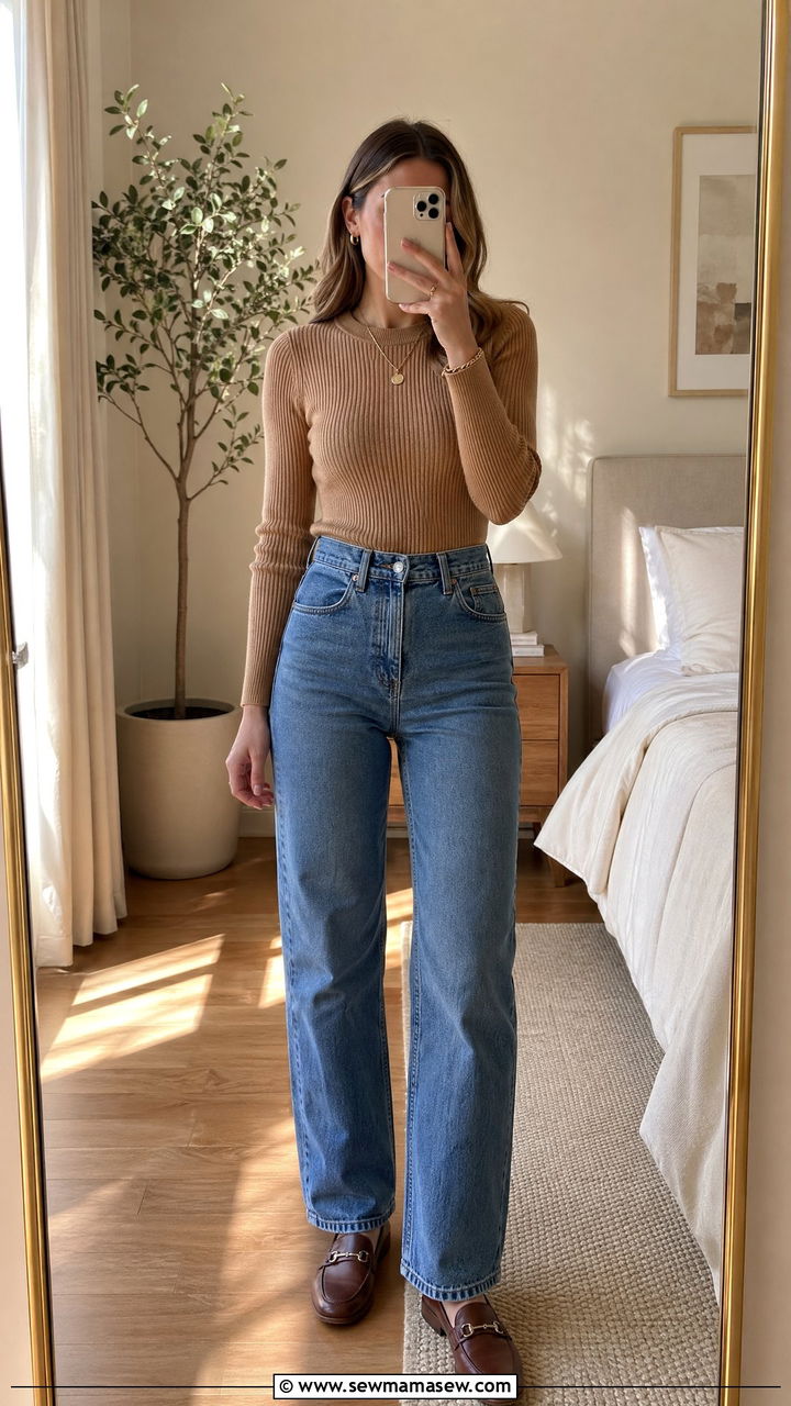 High waisted jeans with a fitted knit top - 35 spring effortless chic outfit ideas