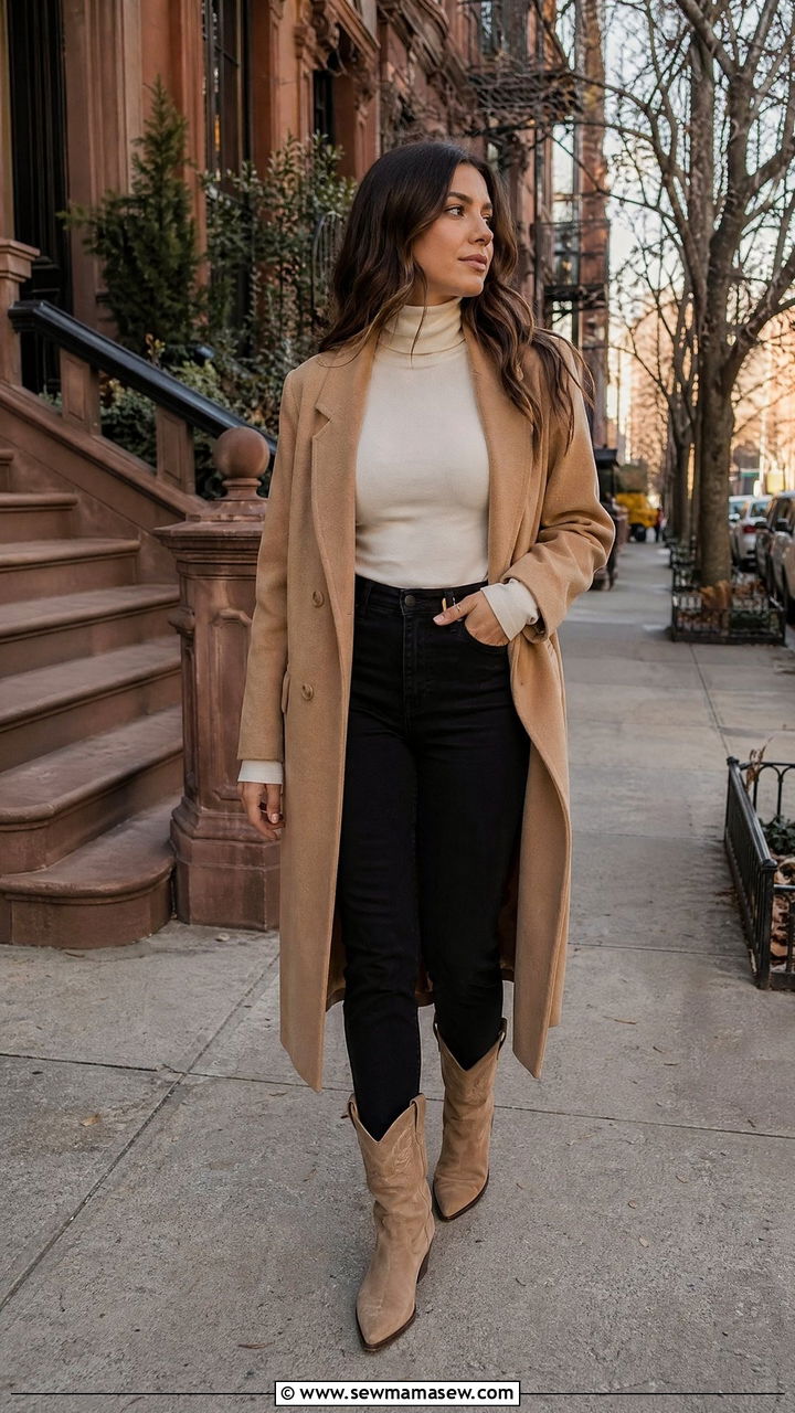 High waisted jeans with turtleneck and cowboy boots - 35 cowboy boots outfit ideas
