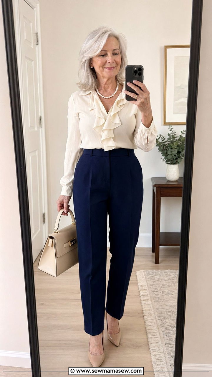 High waisted navy trousers with a cream blouse and pearl necklace - 35 Old money outfit ideas for women over 60