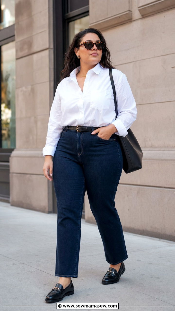 High waisted straight leg jeans with crisp white button down and loafers - 30 Best jeans for plus size