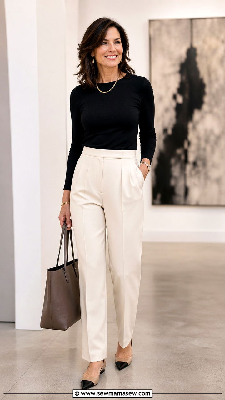 High waisted trousers and fitted top outfit for women over 40 - 35 Going out outfit ideas women over 40