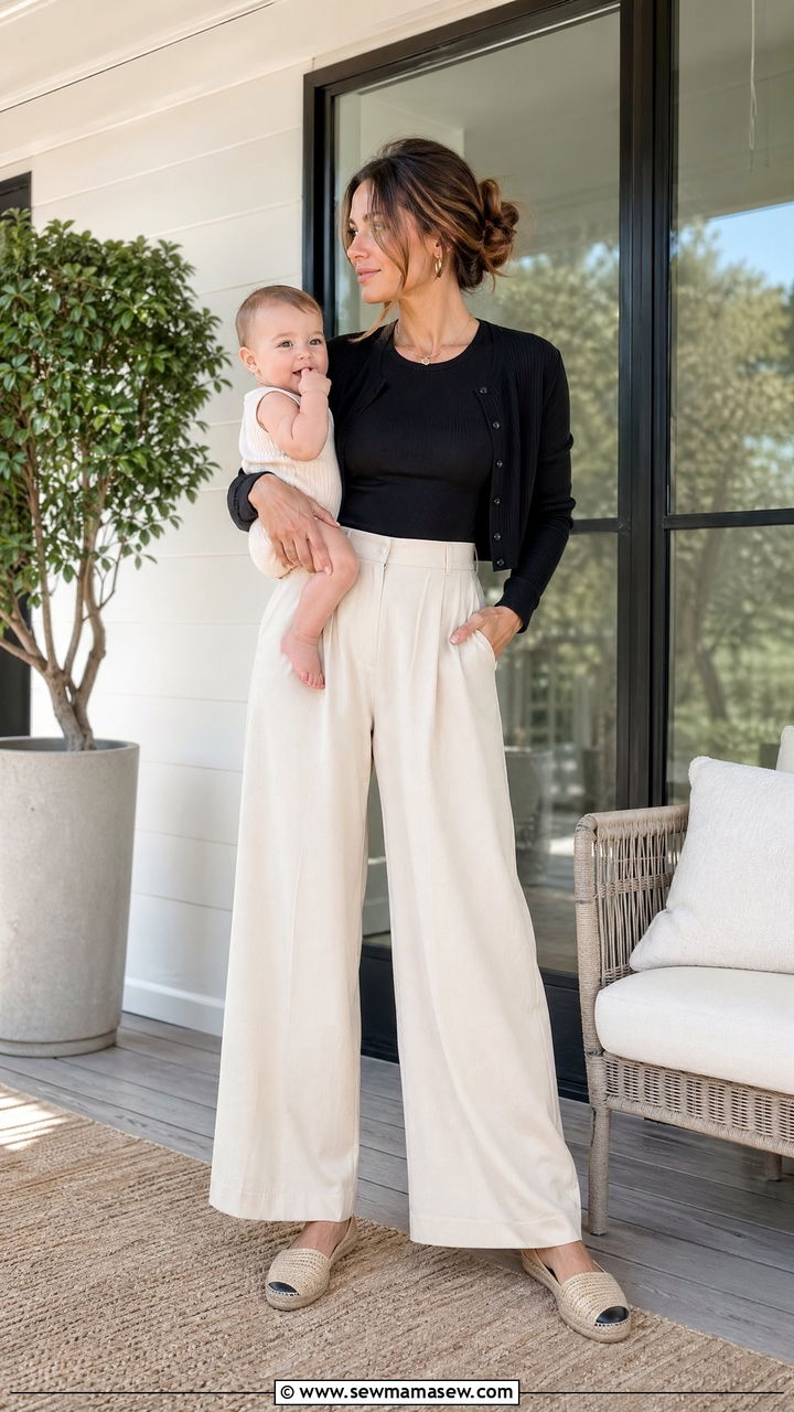 High waisted wide leg pants and fitted tee outfit - 35 Work from home outfits for moms