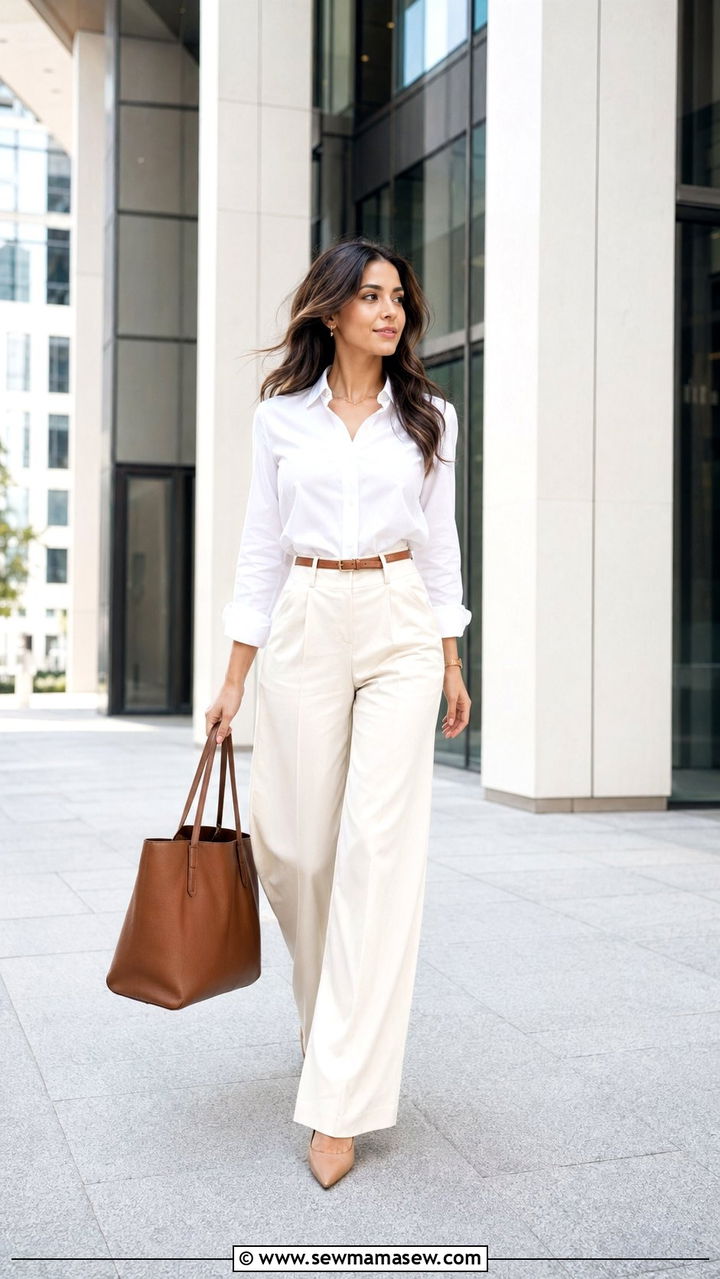 High waisted wide leg trousers with a fitted button down - 30 work outfits for short women