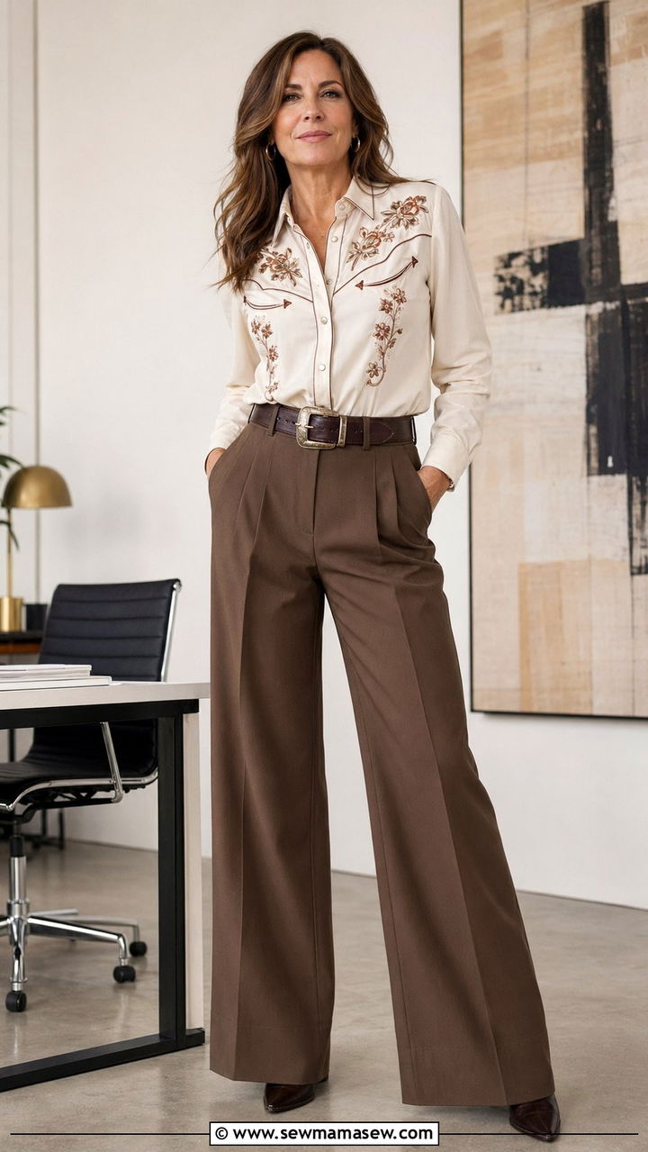 High waisted wide leg trousers with embroidered western shirt and belt - 30 Western outfit ideas for women over 40