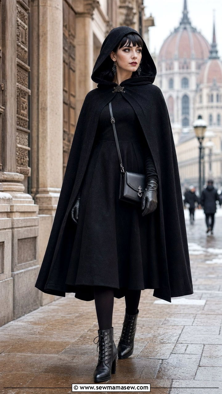 Hooded black wool cape with an A line midi dress - 30 Whimsigoth outfit ideas