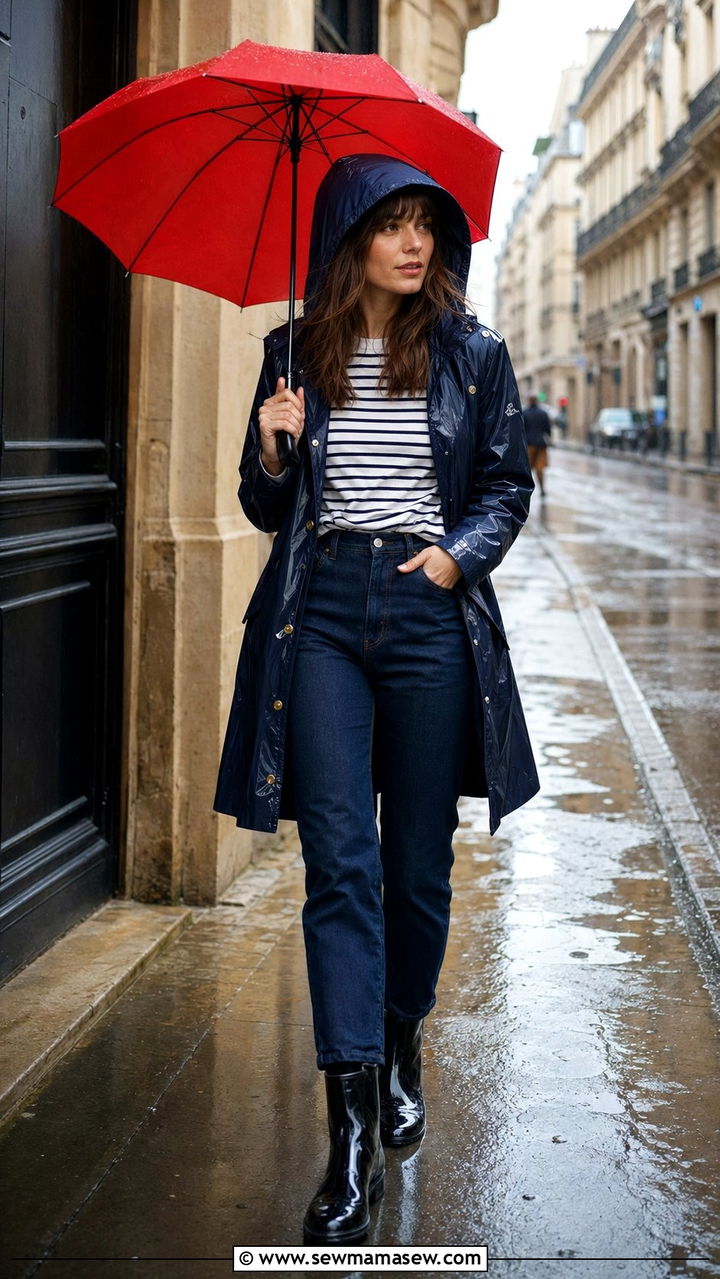 Hooded raincoat with striped tee and straight jeans - 35 rainy day outfits for women