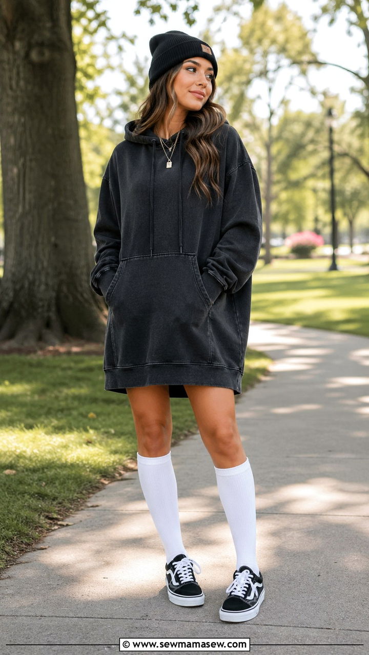 Hoodie Dress and Knee High Socks - 30 Skater outfit ideas