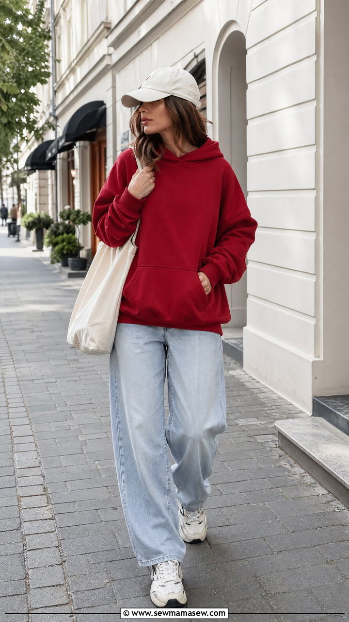 Hoodie With Baggy Light Wash Jeans and Sneakers - 35 comfy outfit ideas for women
