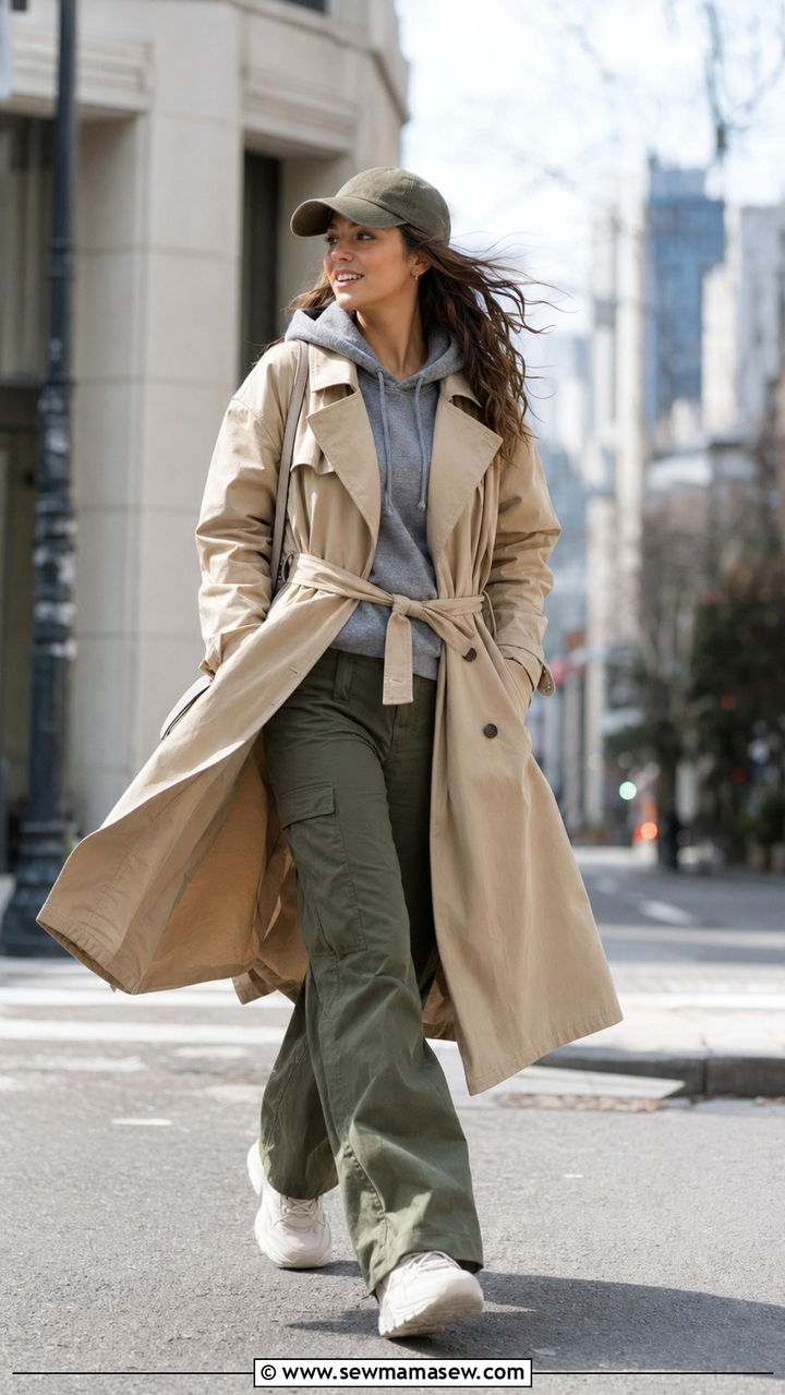 Hoodie With Structured Trench Coat And Straight Leg Pants - 30 Windy day outfit ideas