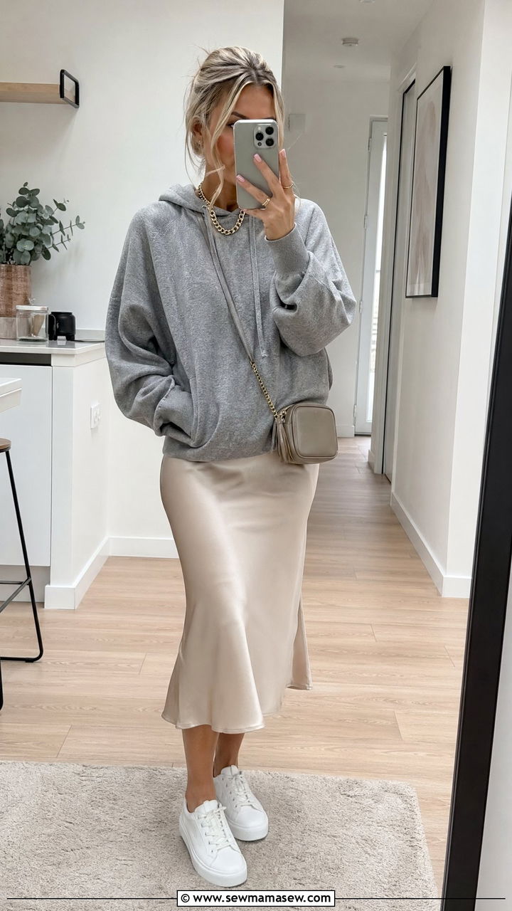 Hoodie With a Slip Skirt - 35 Spring outfits for busy moms