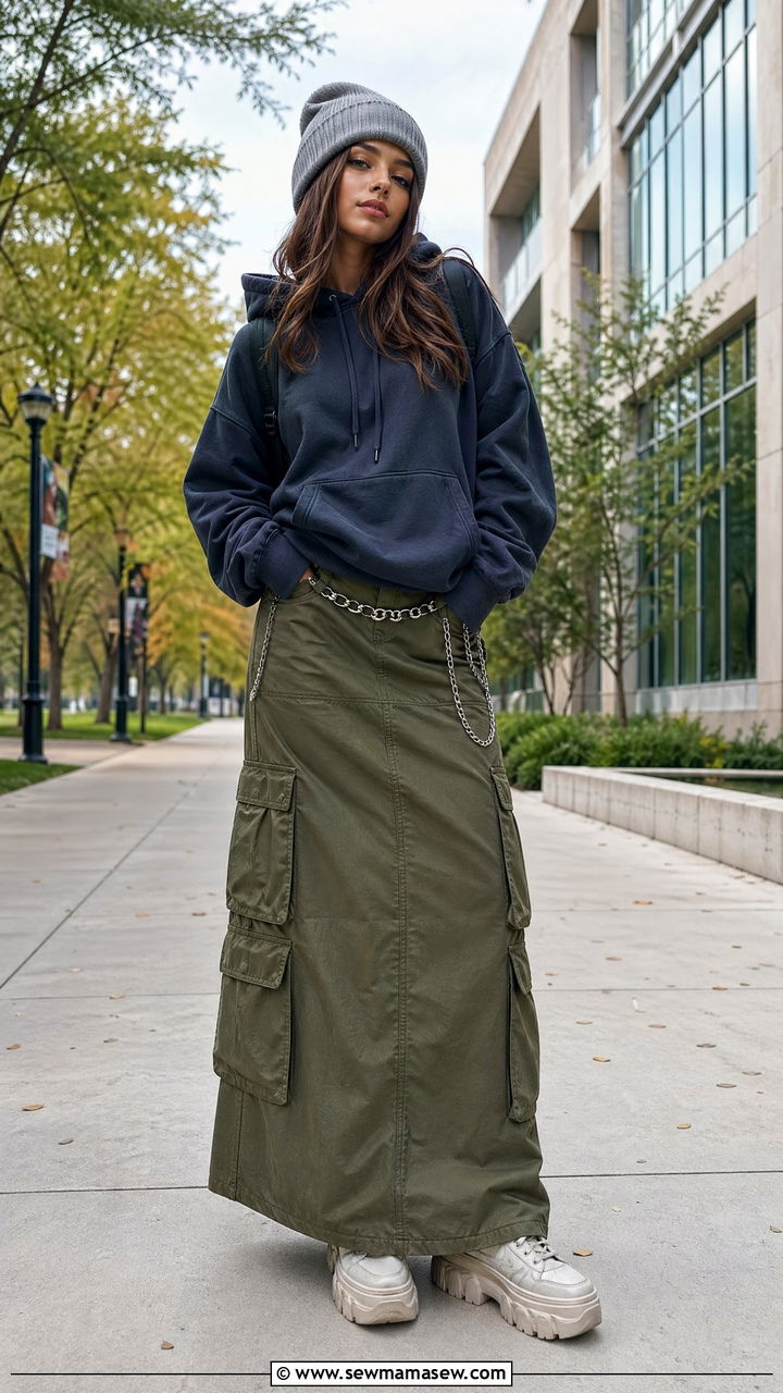 Hoodie and cargo maxi skirt outfit - 35 College campus outfit ideas