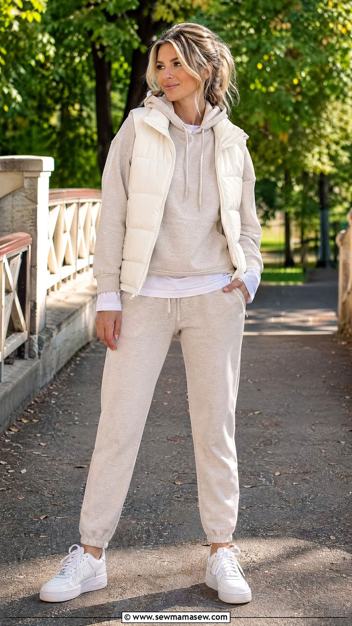 Hoodie and jogger set in neutral tones - 35 Chic loungewear outfit ideas