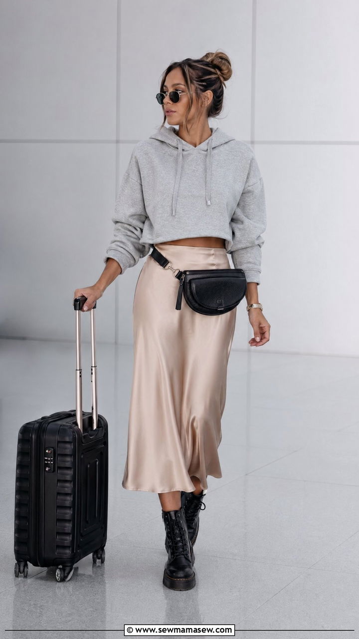 Hoodie and satin skirt airport outfit - 35 chic airport outfits for women