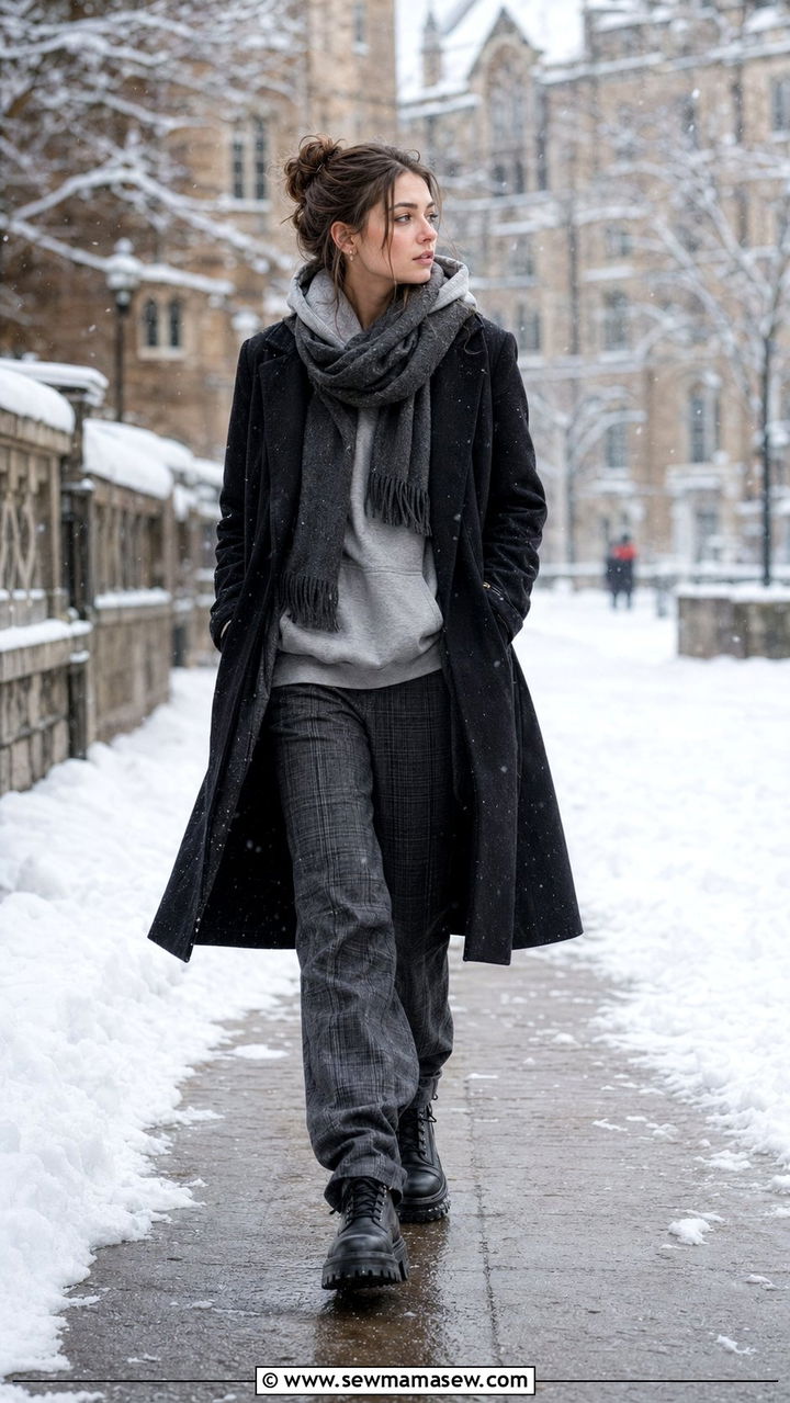 Hoodie long wool coat and relaxed trousers - 30 Back to school outfit ideas for college 2026