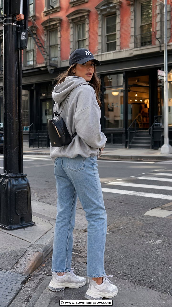 Hoodie with Straight Leg Jeans and Dad Sneakers - 35 casual straight leg jeans outfits