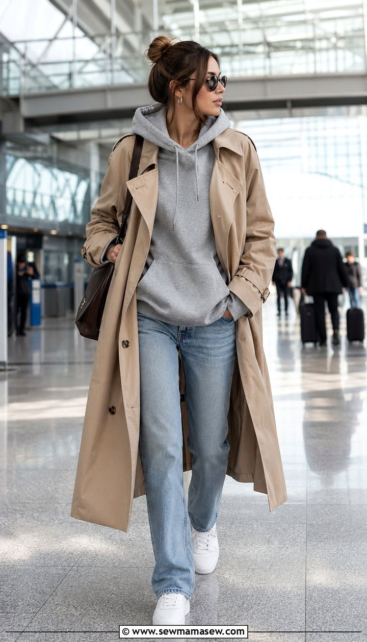 Hoodie with Structured Trench Coat and Jeans - 30 windy day outfits for women